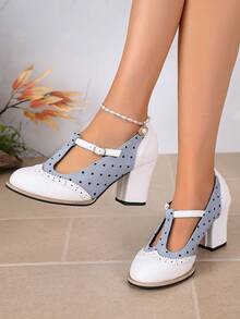 2026 Spring/Summer New European & American Women's Closed Toe Hollow T-Strap Sandals Chunky High Heel Shoes - White - View 6