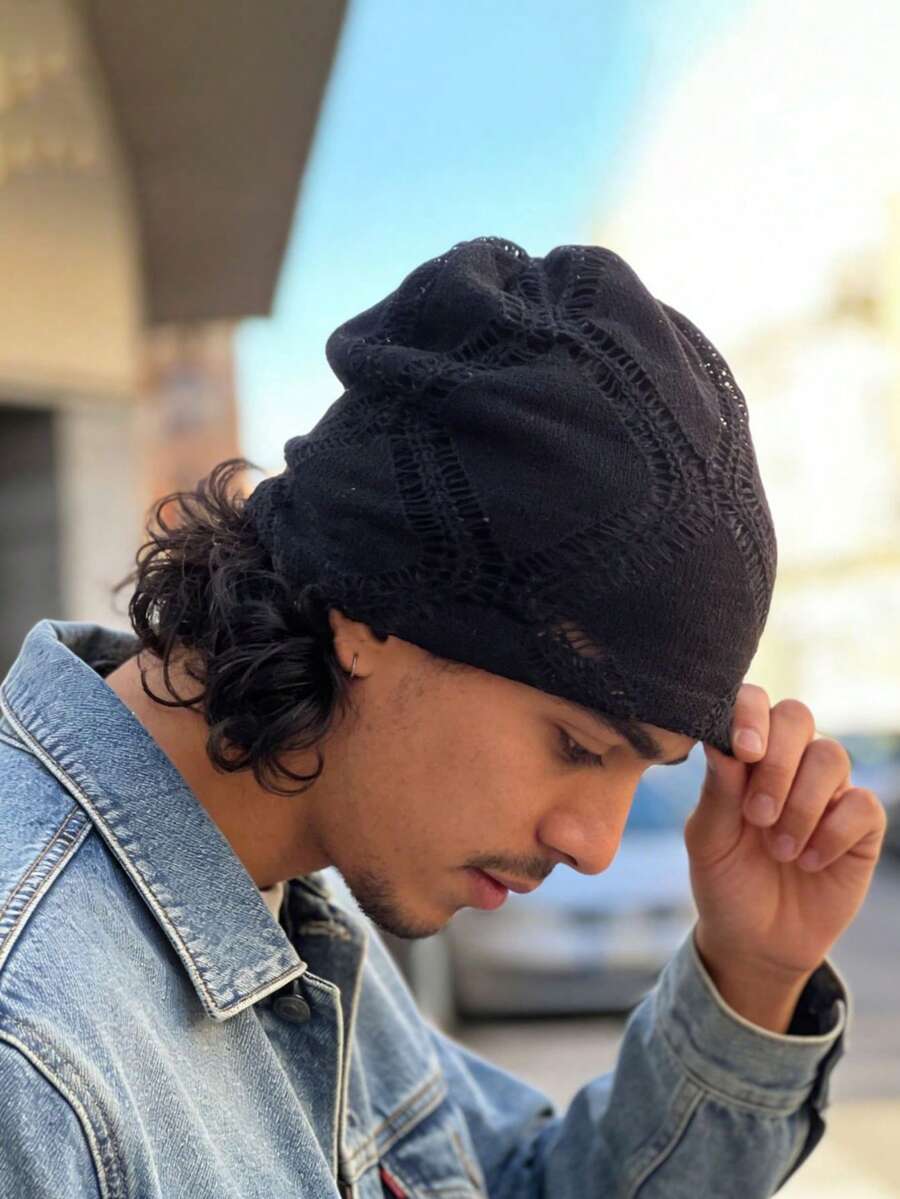 Japanese Style Hollow Out Beanie Hat For Men And Women, Spring Summer Slouchy Slouchy Face-Flattering Knit Cap, Large Head Small Thin Versatile Beanie - A - View 1