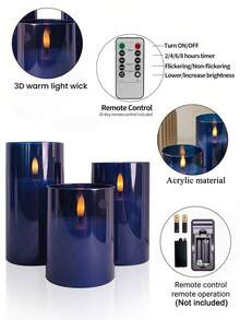 6pcs Flameless Candle Lights With Timer Remote Control, Battery Operated Blue Warm Light Candles, Suitable For Christmas, Halloween, Valentine's Day, Gifts, Birthday, Proposal, Wedding, Party, Holiday - Dark Blue - Warm Light - View 12