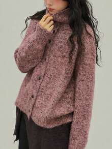 Jaket Kardigan Rajut Minimalis Kasual Musim Gugur Wanita dengan Desain Benang Bunga Baru - Purple - View 4