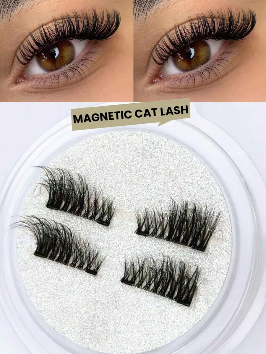1 Pair Magnetic False Eyelashes, Half Lash Style, No Glue Needed, Short Magnetic Lashes, Natural Cat Eye Makeup Effect, Reusable, Suitable For Lash Extensions, Suitable For People With Droopy Eyelids, Makeup Bloggers And Gifts - View 1