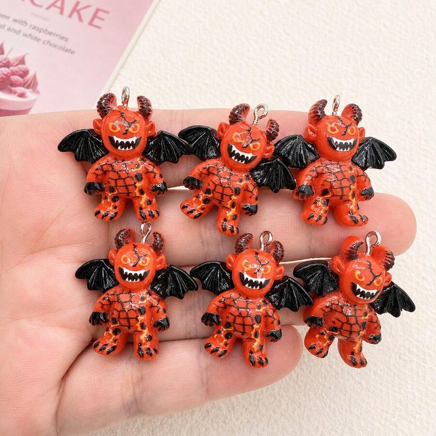 6pcs Resin Halloween Red Devil Pendants, Suitable For DIY Jewelry Making, Perfect For Party Accessories, Earrings, Necklaces, Bag Charms - Red Devil Pendant - View 1
