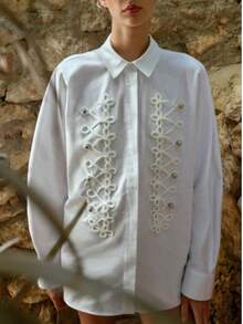 Women's White Polyester Long Sleeve Stand Collar Shirt, Decorated With Rivet Double Buttons, Regular Length, Medium Stretch Casual Top - White - View 1