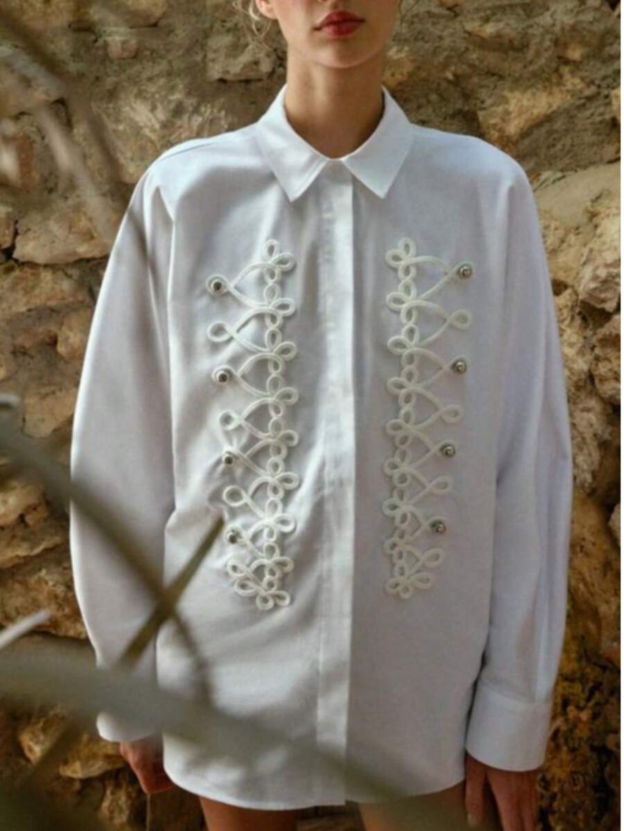 Women's White Polyester Long Sleeve Stand Collar Shirt, Decorated With Rivet Double Buttons, Regular Length, Medium Stretch Casual Top - White - View 1