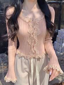 Women's Korean Style V-Neck Ruffle Lace Button-Front Top, Vertical Ribbed Elastic Waist Cropped Flare Sleeve Knit, Early Autumn, Photo Pink Fall - Pink - View 5