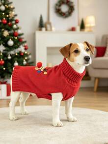 1pc Cute Christmas Reindeer Pet Sweater, Soft, Warm And Comfortable, Suitable For Medium To Large Dogs, Thick Knitted Turtleneck Design, Elastic And Warm, Ideal Winter Outfit For Labrador, Rottweiler, Beagle Puppies And More - Holiday Red - Red - View 7