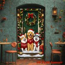 2D Plane 1 Piece Of Christmas-Themed Banner Background, Three Dogs Wearing Christmas Hats And Red Christmas Knitted Clothes, Accompanied By Christmas Garlands, Decorative Balls, And Gift Boxes. No Power Supply Required. - View 4