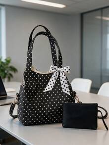 Vintage Star Print Tote Bag Set With Polka Dot Bow, Large Capacity Women Shoulder Handbag With Matching Small Pouch, Multi-Purpose Bag For School Work - Multicolor - View 10