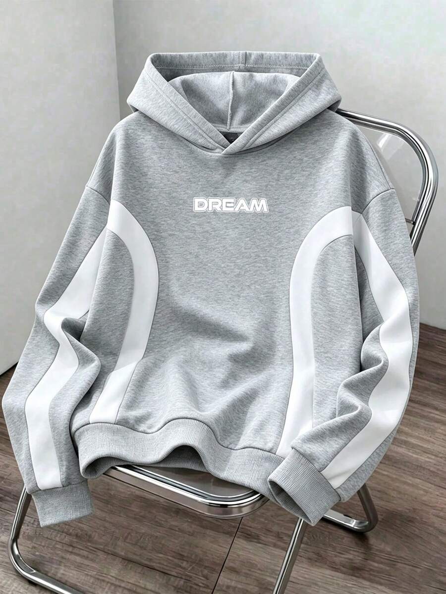 男士寬鬆落肩連帽衛衣,DREAM字母圖案,灰白拼色設計,抽繩帽兜 - 灰色 - 查看 1