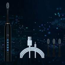 Escova De Dente Eletrica Recarregavel USB Sonica Impermeavel IPX7 Higiene Oral Portatil Bivolt Com Temporizador Automatico E Refis De Cerdas Macias Substituiveis - Preto - Visão 3