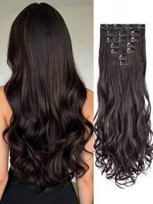 18-30 Inch Long Wavy Clip-In Hair Extensions, 7pcs/Set, Thickened Hair Pieces, Invisible Clip Design, Soft Synthetic Fiber, Black, For Women - Black Brown - View 3