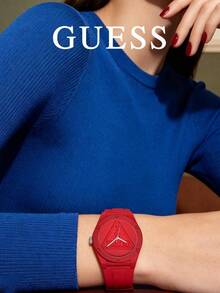 GUESS W0979L6 嬰兒藍女款石英腕錶，一體式矽膠錶帶，壓紋倒三角品牌標誌，42mm大錶盤，馬卡龍純色休閒中性學生手錶，生日禮物 - 紅色 - 查看 2