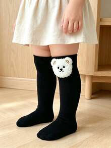 3/1 Pair Cute Panda Decor Solid Color Mid-Calf Socks For Baby Girls, All-Season Versatile Long Socks For Daily Wear - Multicolor - View 10