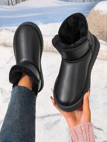 Women Winter Warm Snow Boots Waterproof PU Leather Fluffy Faux Fur Lining Thick Platform Anti Slip Comfort Ankle Booties For Outdoor Daily Wear - Black - View 7