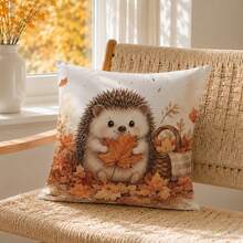 1pc Cute Hedgehog & Maple Leaf Cushion Cover, Single-Sided Printed Skin-Friendly Peach Skin Velvet Material, 45*45CM/18*18inch Pillowcase For Room Decor, Modern Fabric Sofa Indoor Decoration, Party Decor, Gift Giving - Multicolor - View 6