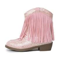 NILOSH Girls' Shiny Pink Tassel Embroidered Western Boots, Side Zipper, Round Toe Low Chunky Heel - Pink - View 11