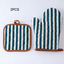 2Pcs Kitchen Heat Resistant Gloves Set Red Stripe Cotton Linen Oven Mitt Pot Holder Non-Slip Insulation Pads For Microwave Baking - View 11