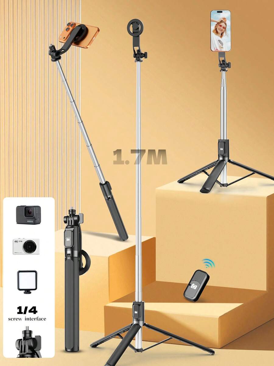 1.7m New Bluetooth Selfie Stick, Rotatable Detachable Phone Holder, Reinforced Frame, Stable Tripod, With LED Fill Light, Telescopic, Photography Assistant, Compatible With Multiple Phone Models, Perfect For Summer Vacation, Travel, Outdoor Activities, Live Streaming, Stable Video Recording, Travel Video Recording Equipment