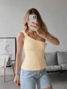 Women's Cropped Blouse Tricot Modal One Shoulder Mule Manca Hole Side Knot Summer Premium - 奶油色 - 查看 4