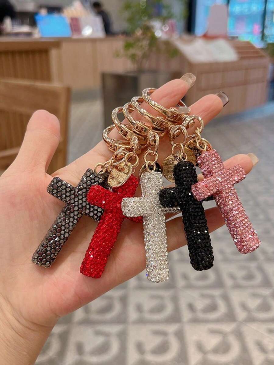 Rhinestone Cross Keychain Pendant, Minimalist Bag Charm For Backpack Purse, Y2K Gothic Decoration For Phone Earphone, Gift For Mom Dad Teacher - Multicolor - View 1