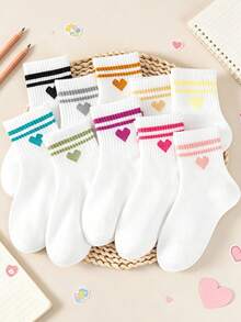 10 Pares de Meias Brancas Aleatórias até a Panturrilha para Crianças, Padrão de Coração Doce & Listras, Meias Casuais Macias para Estudantes - Multicolorido - Visão 1