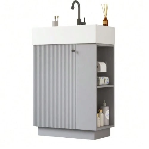 55 Cm Freestanding Bathroom Vanity With Ribbed Wood-Look Finish, High-Quality Ceramic Sink, Removable Toilet Paper Holder, And Thoughtful Storage – Without Faucet, Grey - 灰色 - 查看 1