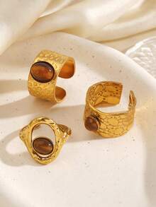 3pcs Stainless Steel Minimalist Tiger Eye Stone Hammered Open Rings, Suitable For Women's Daily And Party Wear - Multicolor - View 5