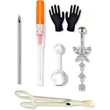 Kit de perforación del ombligo de 6 piezas, incluye anillos para el ombligo de 14G, pinza de perforación y agujas de perforación de 14G - Blanco - Ver 2