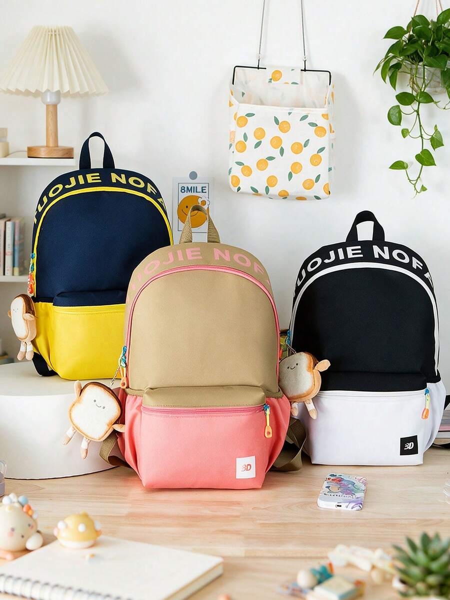 4pcs/1pc Aesthetic Colorblock Neutral Casual Backpack, Large Capacity Student School Bag, Suitable For Middle School, High School, College Students, Boys And Girls, Campus, Travel, Commute, Outdoor, Casual, Daily Use