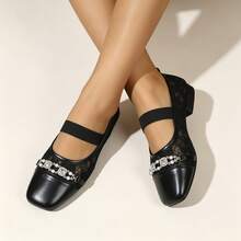 Summer Hollow Lace Mary Jane Women's Shoes, Square Toe Patchwork Leather Pearl Rhinestone Elastic Strap Breathable Flat Ballet Shoes For Commuting - Black - View 2