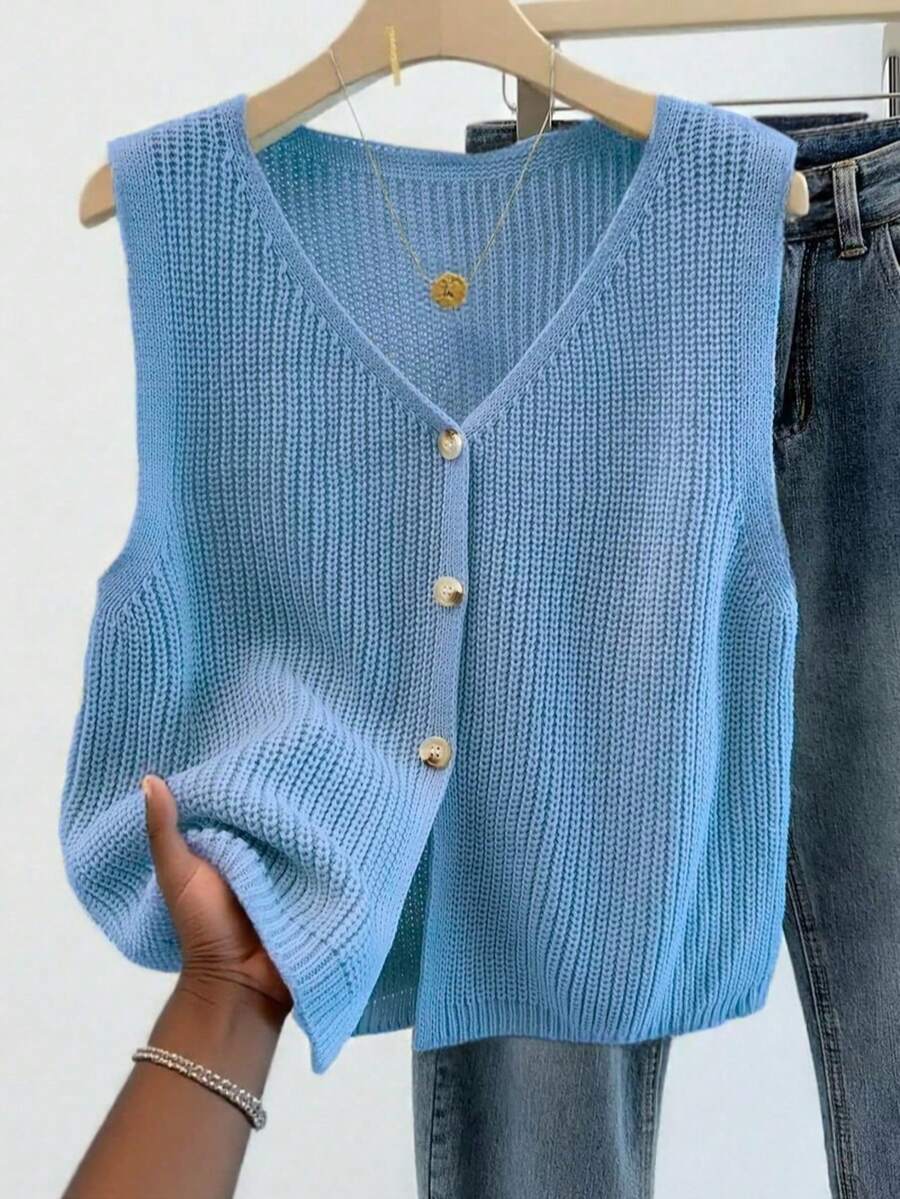 Plus Size Women's Knitted Vest, Spring/Summer Fashion Item, Button Front Open, Sleeveless, Solid Color Versatile V-Neck Knit Top - Blue - View 1