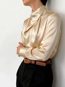 Women's Spring/Autumn Elegant Solid Color Long Sleeve Minimalist Daily Commute Top - Champagne - View 3