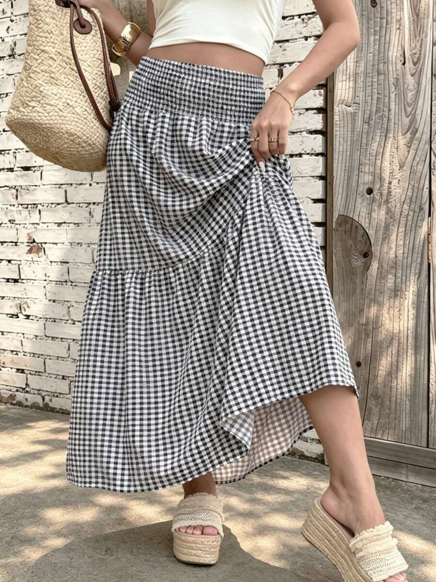 優雅經典格紋印花抽褶裙,休閒波希米亞風女款黑色夏季海灘度假裙 - 黑色 - 查看 1
