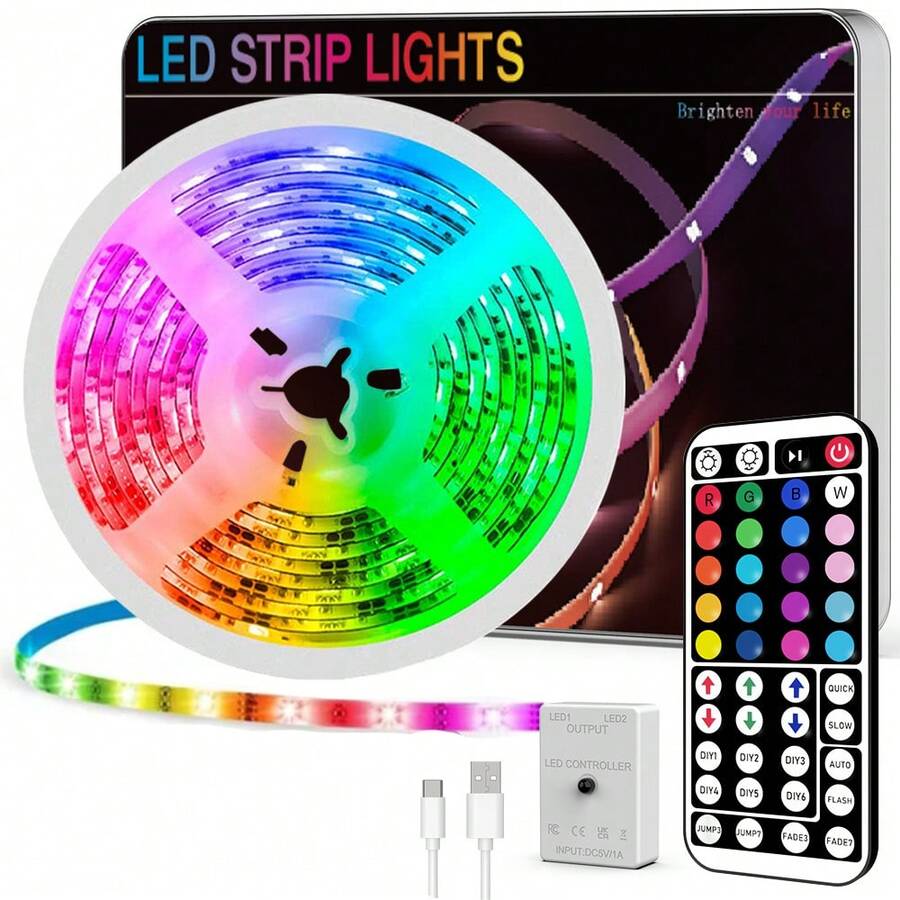 3.28FT-98.4FT RGB LED Strip Lights, Color Changing With 44-Key Remote Control, Dimmable, Cuttable Flexible Lighting For Bedroom, TV Backlight, Gaming Room And Home Decor