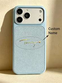 [Customized] Personalized Custom Letter Engraving Name Electroplated Litchi Texture Artificial Leather Phone Case Compatible With IPhone 17 Pro Max 17 16 15 14 13 12 Pro Max Shockproof Protective Shell - Blue - View 1