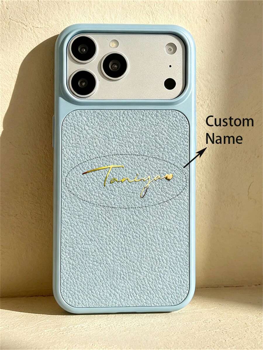 [Customized] Personalized Custom Letter Engraving Name Electroplated Litchi Texture Artificial Leather Phone Case Compatible With IPhone 17 Pro Max 17 16 15 14 13 12 Pro Max Shockproof Protective Shell - Blue - View 1