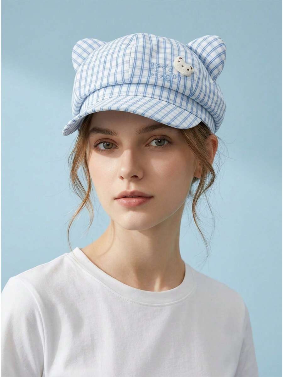 1 pezzo Berretto a quadri con orecchie da gatto carino per donne, cappello da pittore sottile e traspirante per primavera/estate, berretto ottagonale versatile, effetto snellente per il viso - multicolore - Visualizzare 1