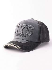中性復古水洗拼色棒球帽，NYC URBAN 1989 毛邊字母補丁刺繡可調節休閒老爹帽 - NYC拼接 - 查看 2