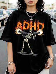 ADHD Skeleton Graphic T-Shirt, Oversized Fire-Style Print Women's Tee - 黑色 - 查看 1