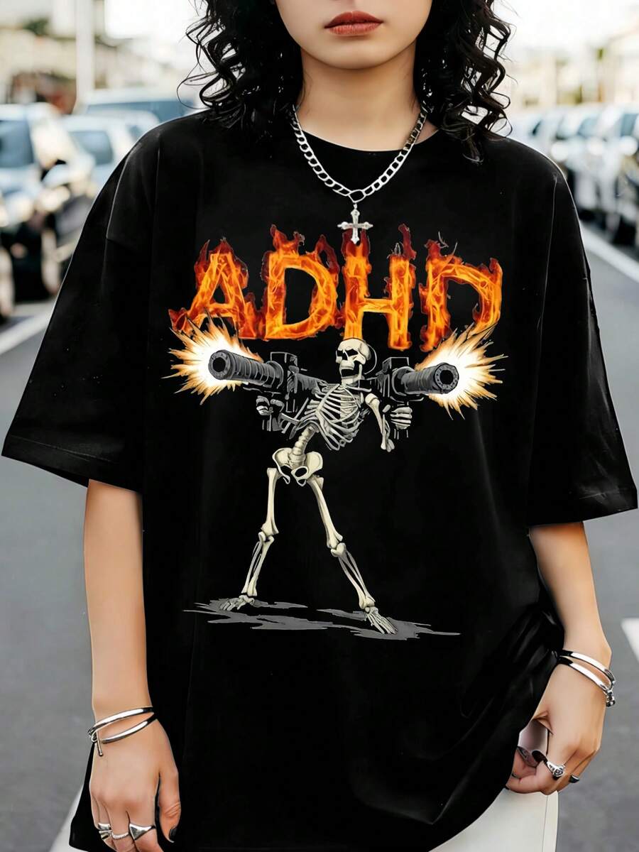 ADHD Skeleton Graphic T-Shirt, Oversized Fire-Style Print Women's Tee - 黑色 - 查看 1