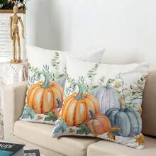 2pcs Watercolor Pastel Pumpkin Throw Pillow Covers, Eucalyptus Maple Leaf Fall Floral Cushion Cases, Neutral Farmhouse Thanksgiving Sofa Decor Without Pillow Insert - Orange and Mint Green - View 1