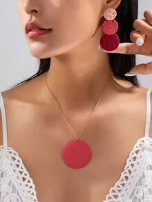 European & American Cross-Border Minimalist New French Round Disc Earrings & Necklace Set, Macaron Color Korean Style Ethereal Sweet Cool Geometric Versatile Creative Patchwork INS Fashion Personalized Elegant Jewelry Set - Deep Magenta - View 7