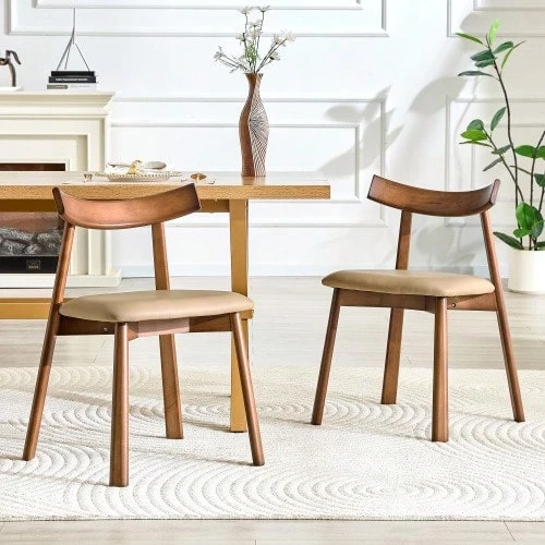 Set Of 2 Dining Chairs With Wooden Frame, Padded Kitchen Chairs With Ergonomic Backrest - 棕色 - 查看 1