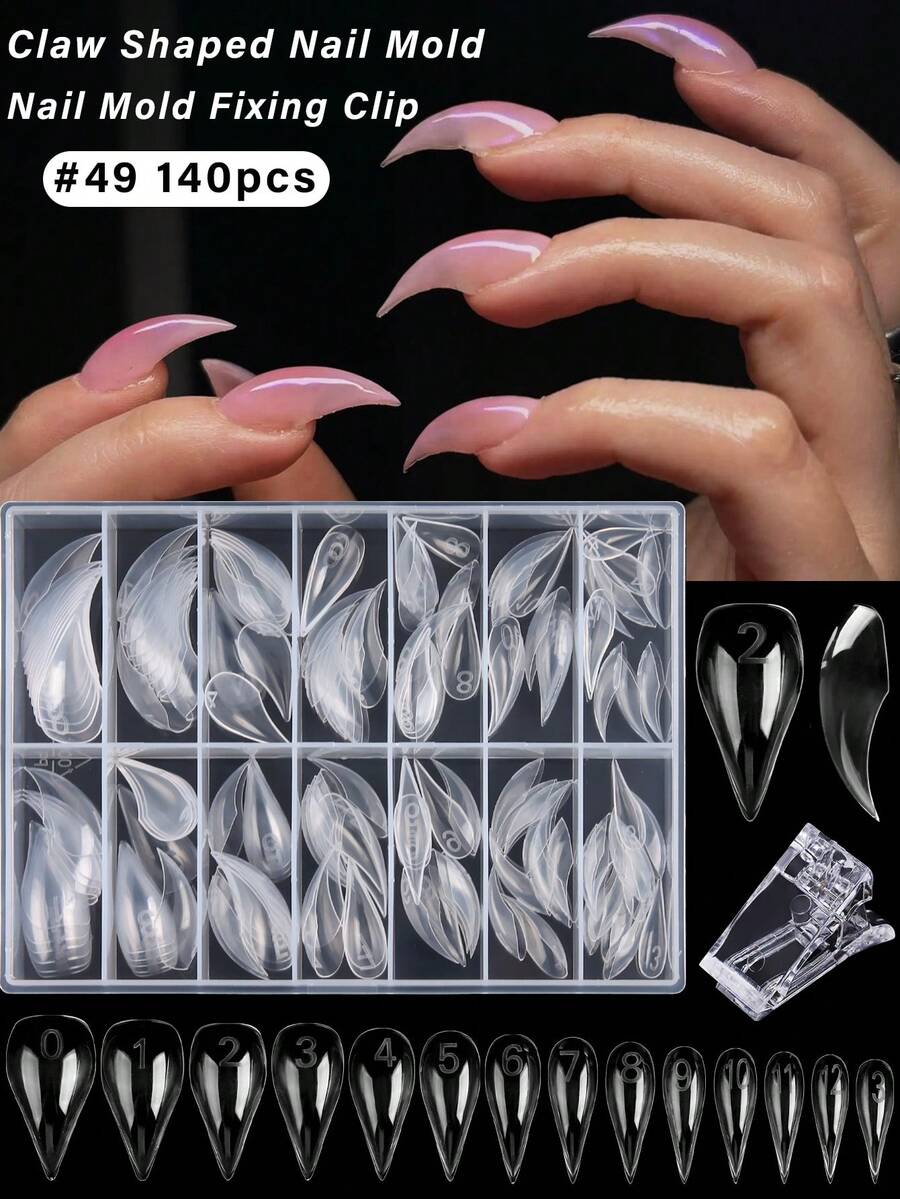 Clear Curved Claw Poly Gel Nail Dual Forms Kit, 14 Sizes Reusable Stiletto Claw Nail Extension Molds, Perfect For Gothic Claw, Sharp Stiletto Long Nail Extensions, Nail Salon Artists Beginner At-Home DIY Manicure Supplies - Clear - View 1