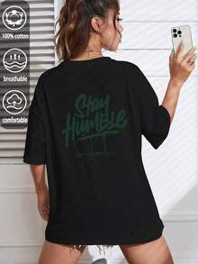 T-shirt casual nera oversize da donna personalizzata estate 2026 con stampa di lettere sul retro, perfetta per l'uso quotidiano e le feste - nero - Visualizzare 9