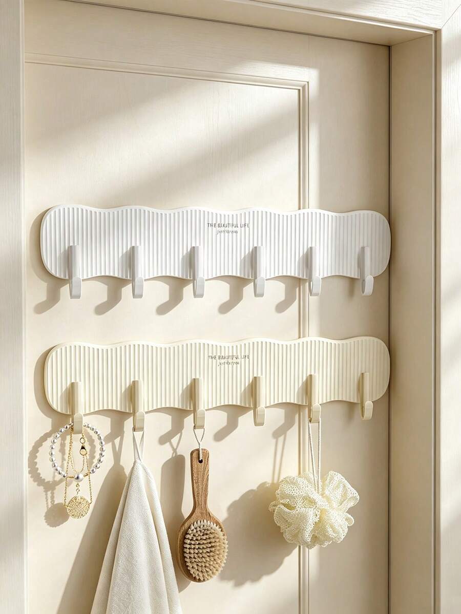 1pc Wave Striped Wall Hook Rack, Punch-Free Self-Adhesive Design, 6 Sturdy Hooks With Large Load Capacity Minimal Solid Color Style, Holds Towels Keys & Accessories, Suitable For Entryway, Bathroom And Bedroom Storage