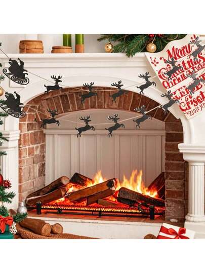 2/1pc Black Wooden Christmas Banner Hanging Flag, Santa Claus Sleigh Reindeer Silhouette Triangle Flag, Vintage Farmhouse Style Christmas Hanging Decoration, Suitable For Fireplace Mantel Window Wall Holiday Party Home Decor