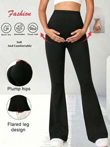 Yoga Basic Style Maternity Leggings With Adjustable Waistband. Black - Black - View 2