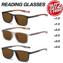 3pcs New Spring/Summer Limited Edition Rectangular Color Block Frame Tea/Grey Lens Reading Glasses, Fashionable TR Temple Design, Essential For Office And Reading, Comfortable Fit Magnifying Glasses, Daily Casual Reading Essential, Two Lens Colors To Choose From, Perfect Gift Choice - Gray+Red+Orange - View 2