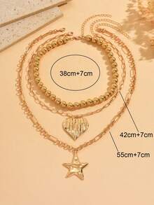 3pcs/Set Minimalist Premium Gold CCB Beaded Necklace Fashion Vintage Alloy Heart & Starfish Pendant Decor Women's Necklace Popular Women's Neck Jewelry Accessories Suitable For Daily Wear, Dating, Party, Music Festival, Chain And Beads Random Number Of Sections And Beads Based On Length - Gold - View 4